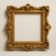 Ornate vintage gold picture frame with baroque carvings on white background