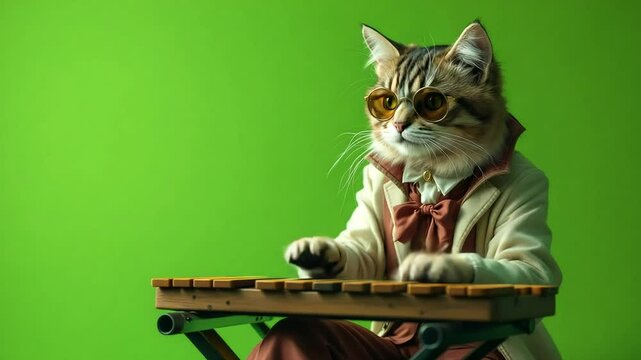 Cat musician in suit and glasses playing a xylophone against a vibrant green screen background