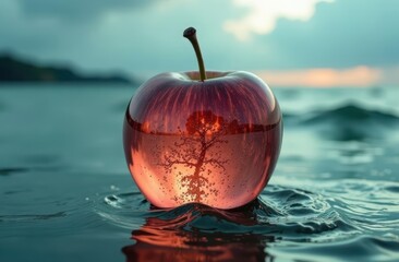 a glass apple. against a stormy sea