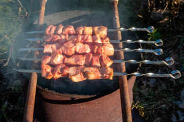 Close up grilling barbecue in the campground at summer camp travel, Skewers of pork and beef fillet on barbecue party dinner in camping, Summer Camp Travel one activity for relaxing.