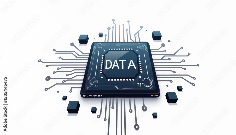 Poster modern ai data chip with geometric circuits on minimalist background, digital concept