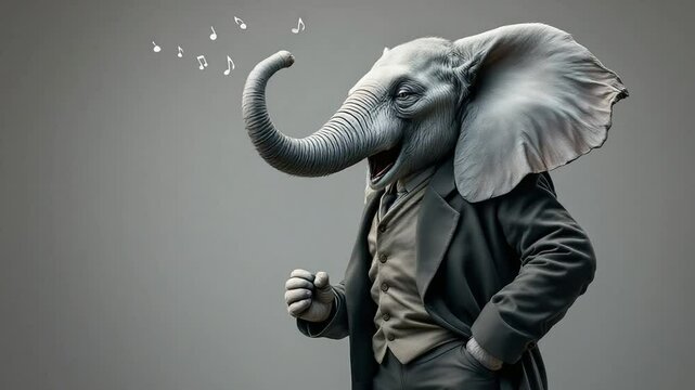 Dapper elephant in suit sings, hand in pocket, musical notes float
