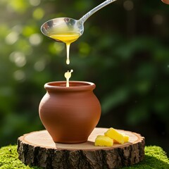Golden Ghee Dripping into Clay Pot on Tree Stump – Traditional Indian Clarified Butter in Natural Outdoor Setting