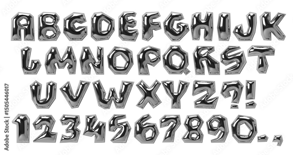 Poster 3d chrome font. silver bubble typeface. metal letters. y2k style alphabet. letters and numbers with 