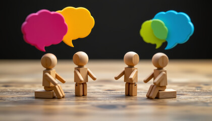 Wooden figures engaged in conversation with colorful speech bubbles, creating lively and imaginative scene