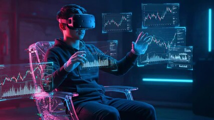 Young man wearing VR headset interacts with holographic financial charts in a modern tech environment - Powered by Adobe