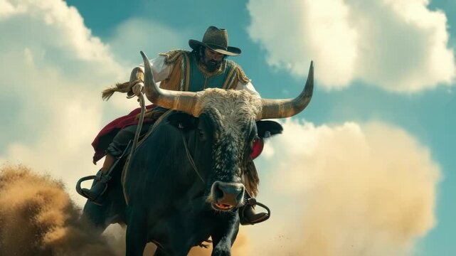 Rodeo bull. Traditional extreme sport of North America. A cowboy tries to stay on the back of a bull. Mexico, USA