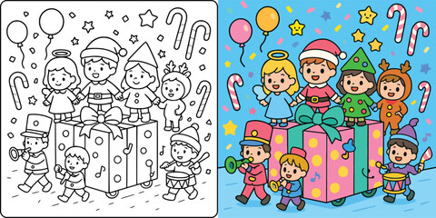 Festive Christmas Parade Celebration Christmas Coloring Page Illustration