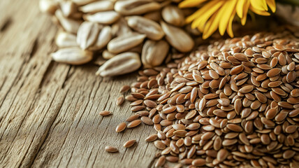 Fototapeta premium Close-up of three piles of flaxseeds and sunflower seeds on a rustic wooden background.