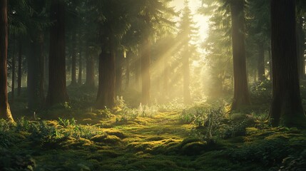 Naklejka premium Sunlight shining through trees in a dense forest with mossy ground and lush green vegetation visible