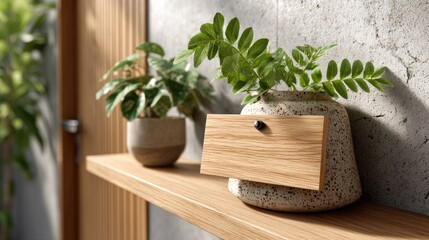 Wooden shelf with potted plants and concrete wall
