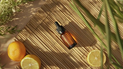 Fototapeta premium Essential oil bottle resting on a bamboo mat with lemongrass and citrus for a fresh, natural vibe