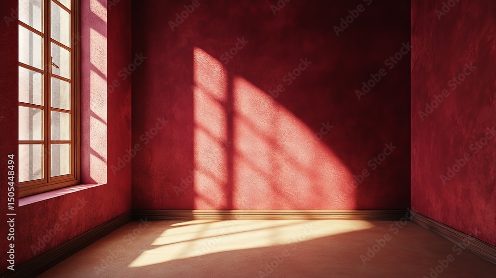 Poster an empty room with red walls and a wooden framed window casting light patterns on the wall and floor