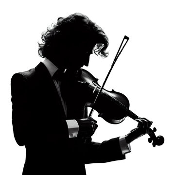 A black and white silhouette of a musician playing the violin on a white isolated background. Vector graphics. EPS.