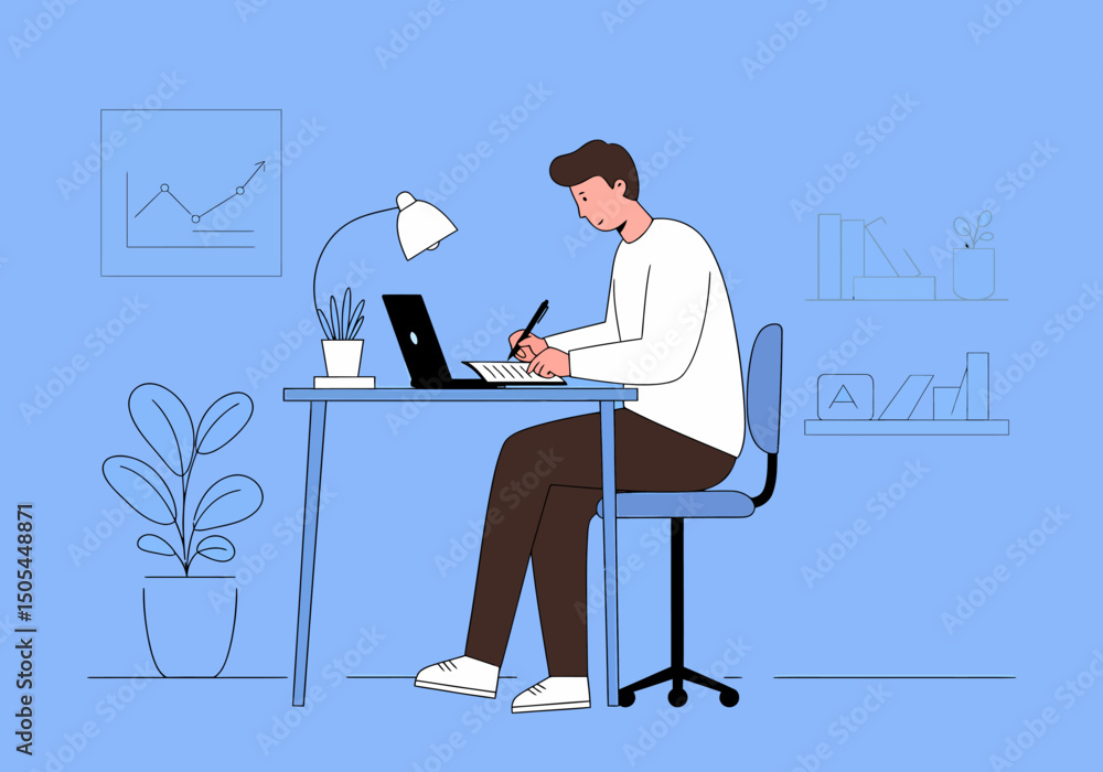 Poster man working at desk with laptop and notebook