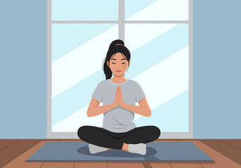 Fototapeta premium Girl Meditating in Lotus Position Indoors Health Wellness