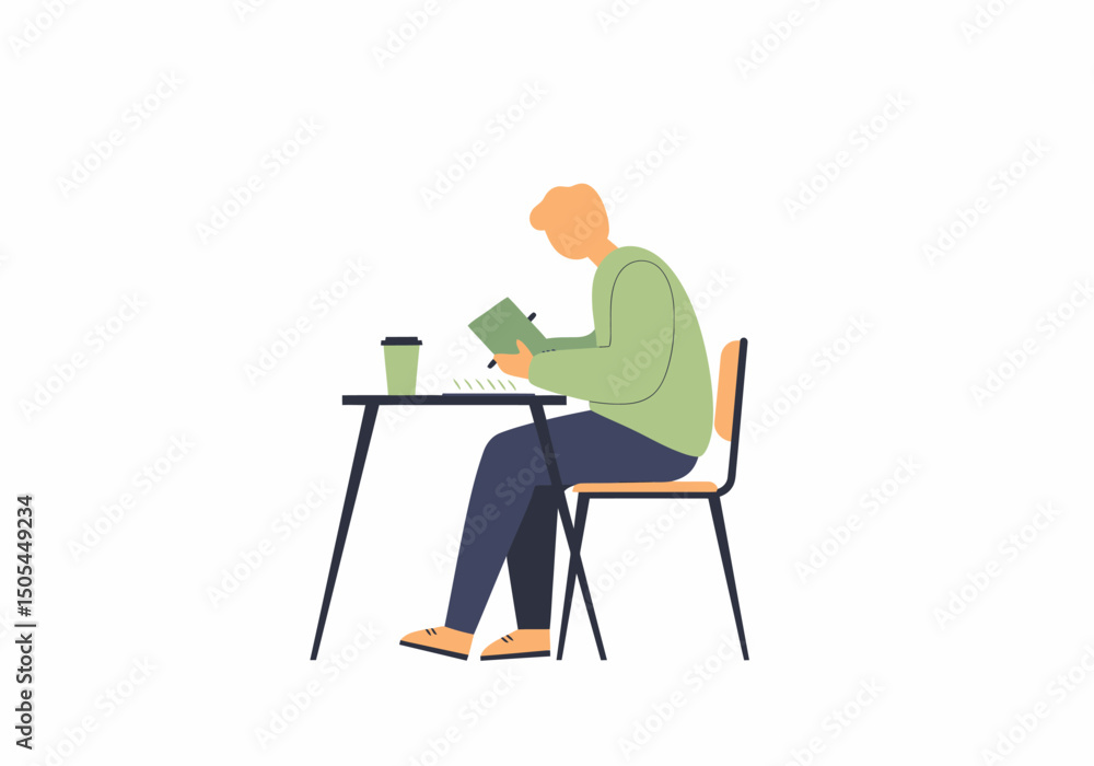Aufkleber man reading notes at table studying learning concept