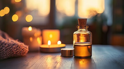 Glass bottle of essential oil with cork stopper, sitting beside a lit candle in a cozy setting