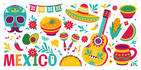 Mexican-themed vector illustration with fiesta elements including sugar skulls, sombrero, guitar, maracas, tacos, and chili. Perfect for Cinco de Mayo or Día de los Muertos