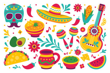 Colorful Mexican culture vector set featuring tacos, chili peppers, guacamole, sombrero, guitar, and festive icons. Great for Cinco de Mayo, D&iacute;a de los Muertos, or themed parties