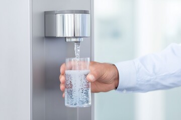 Office worker pouring fresh water into glass from water cooler