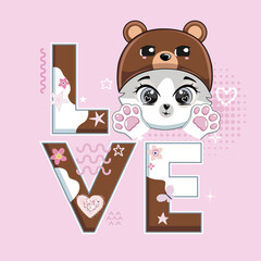 Text love and cute cat in bear hat.