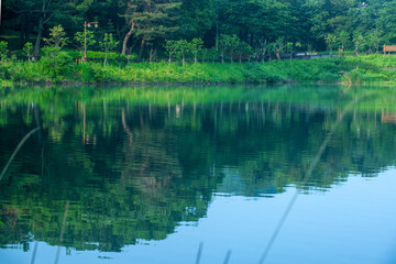 Beautiful colors of Emerald Lake reflection, morning view.