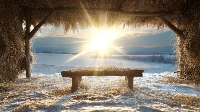 Golden sun rays shine through a straw-covered wooden stable onto an empty manger surrounded by snow, overlooking a wintry landscape