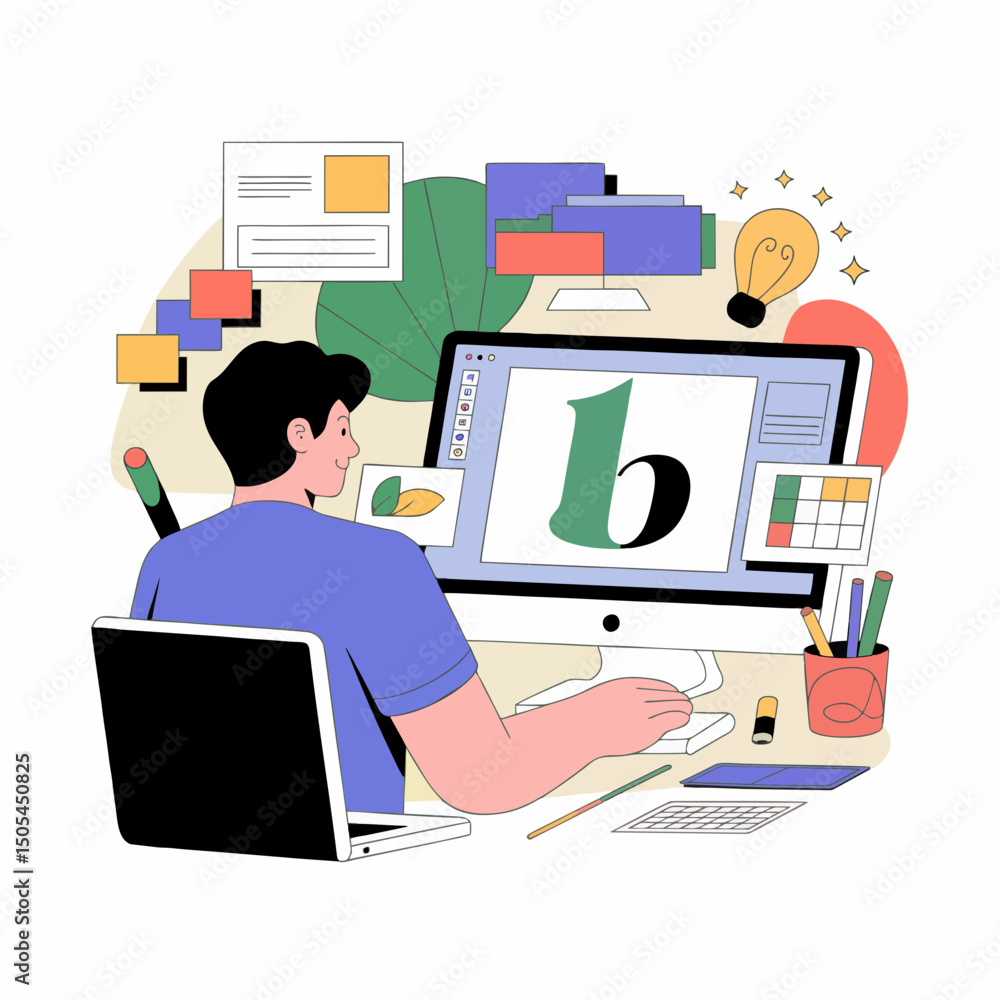 Poster a man working on a computer designing a logo with a leaf, concept for graphic design and branding id