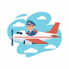 A young pilot in a small plane flying through a bright blue sky with fluffy white clouds, concept for aviation, travel, and children's book illustration