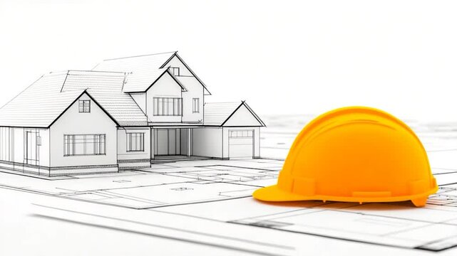 House construction project: blueprint, model home and hardhat