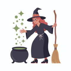 A young witch with red hair in a black robe stirs a cauldron of bubbling green potion, casting magical green sparkles; concept for Halloween, children's book illustration, and fantasy graphic design