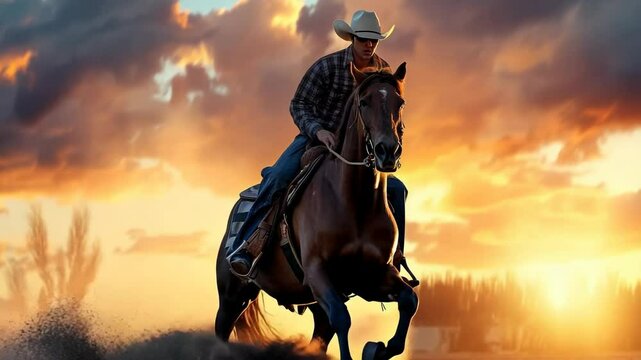 Rodeo horse. The cowboy beautifully saddled and tamed the horse in the arena. Traditional extreme sport.