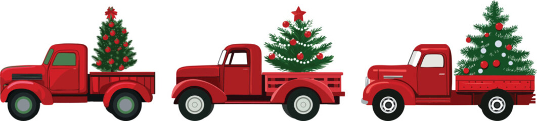 Christmas Truck Vector: Red Pickup with Christmas Trees on White © Ta