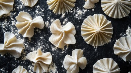 Raw pasta in various shapes on a floured black slate surface, emphasizing color and texture contrast