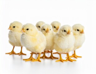 Panorama of brood little yellow chicks isolated on white background. Farm incubator