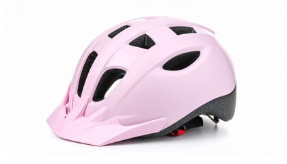 Fototapeta premium Pink bicycle helmet with clasp isolated on white background. Headgear for safe ridin