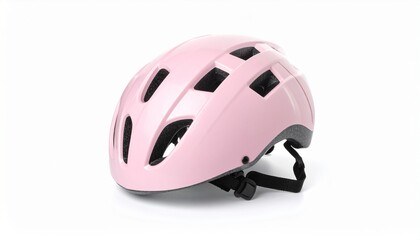 Fototapeta premium Pink bicycle helmet with clasp isolated on white background. Headgear for safe ridin