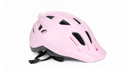 Pink bicycle helmet with clasp isolated on white background. Headgear for safe ridin