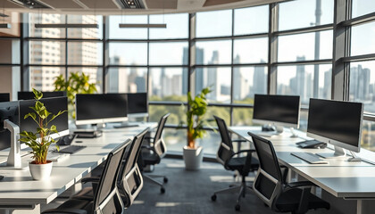 Workstations with computers and monitors. Modern office interior with panoramic windows