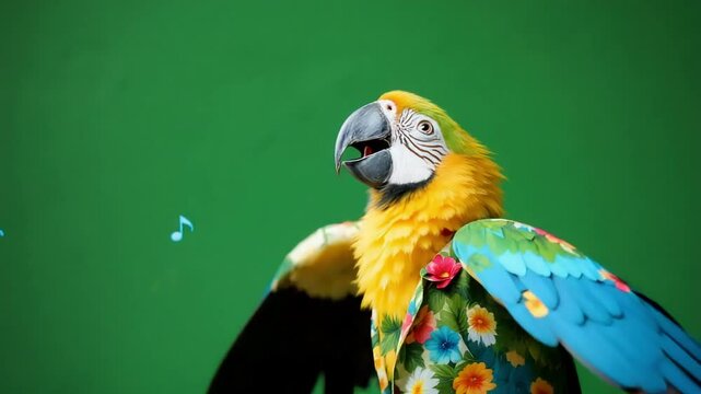 Yellow parrot wearing a floral shirt, singing on a green background with music notes