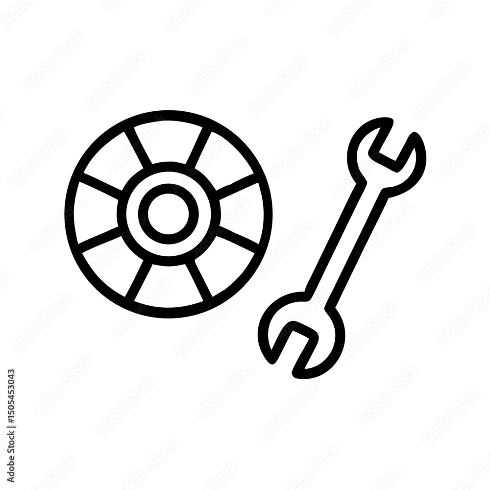 Poster wheel and wrench simple vector linear icon design concept