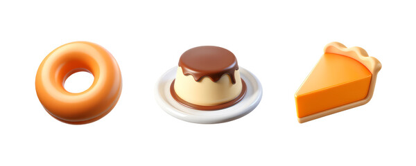 Bagel, Pudding, Pumpkin Pie, set of 3D Food Icons &ndash; Glossy Minimal Emoji Style, Isolated PNG objects