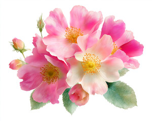 Fototapeta premium vibrant pink wild rose flowers with green leaves on a white background.