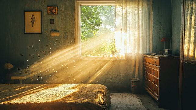 Soft ambient rays illuminating floating dust in a quiet, nostalgic childhood bedroom