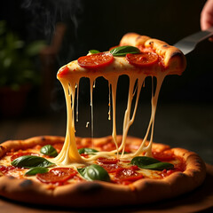 Cheesy Pepperoni Pizza Slice with Melted Mozzarella and Basil Leaves – Fresh and Hot from the Oven