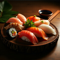 Assorted Nigiri Sushi Platter on Rustic Wooden Plate with Soy Sauce