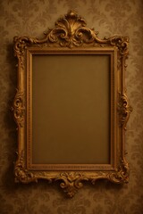 Baroque style picture frame hanging on vintage wallpapered wall