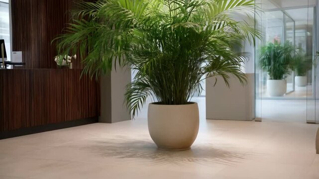 Indoor areca palm in a light stone pot adds a touch of green to the modern office space with glass walls and a stylish wooden reception desk