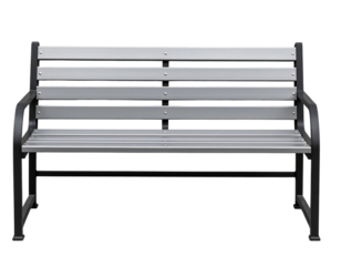 A metal bench with horizontal slats and armrests, designed for outdoor seating.